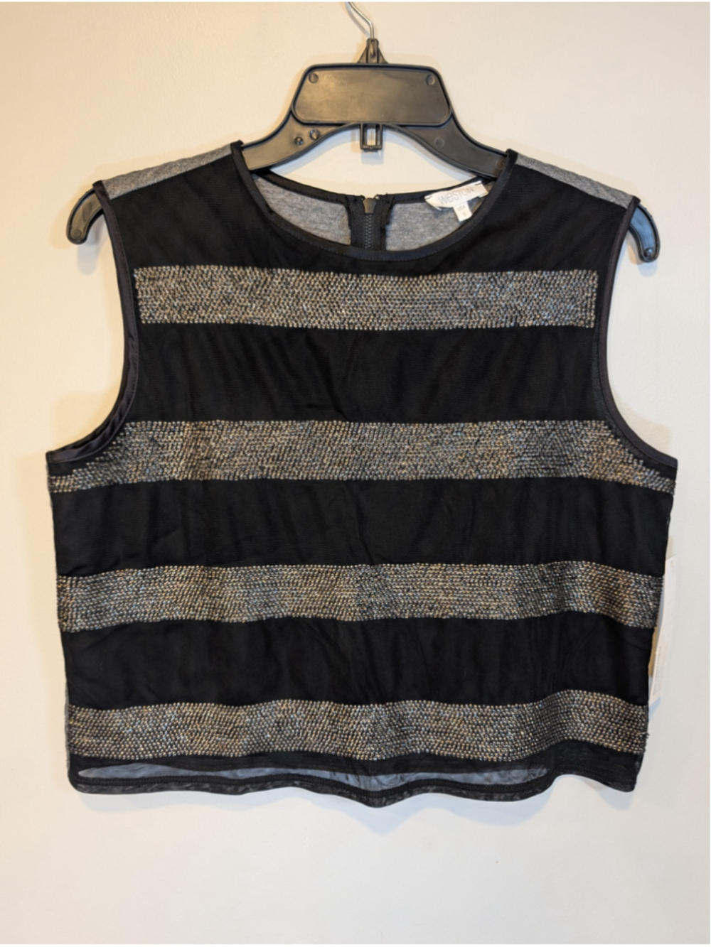 Weston Wear Metallic Striped Mesh Crop Top S Sleeveless Silver Black Retro Y2K